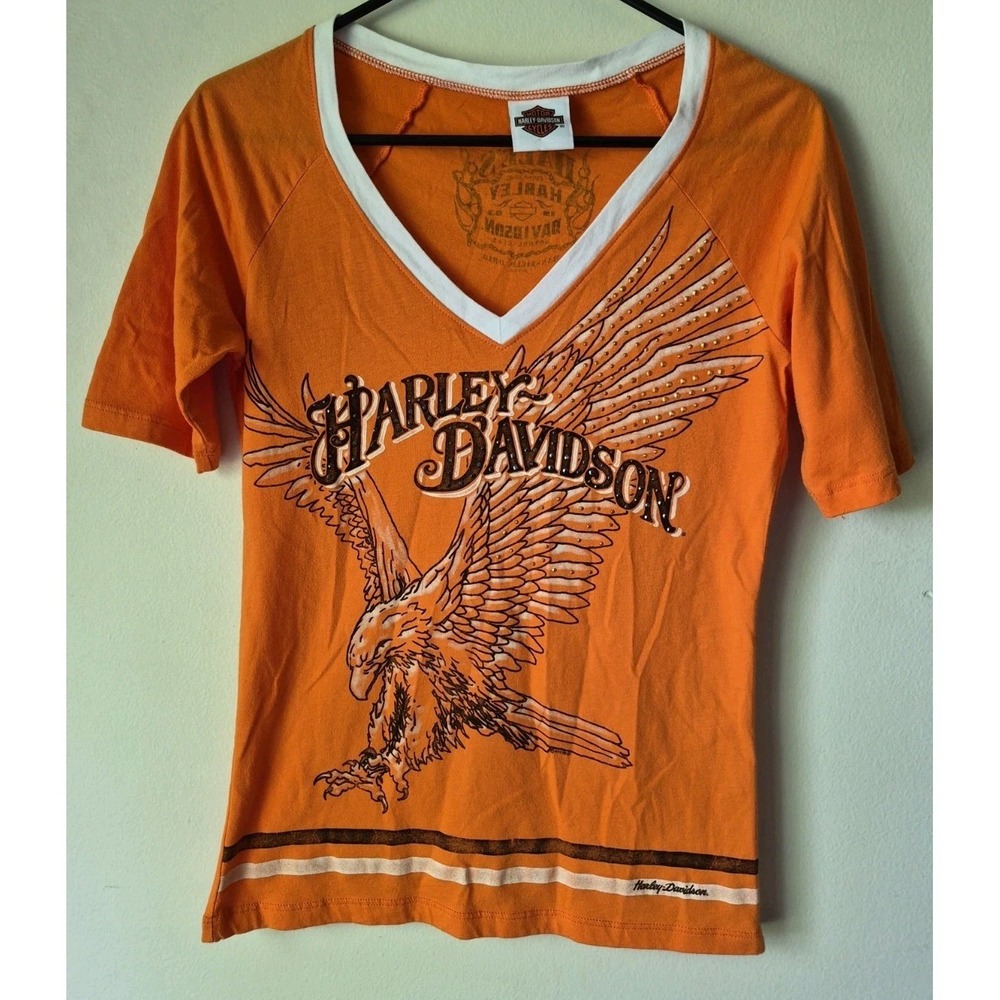 Harley Davidson Women's Orange  T Shirt Graphic‎ Eagle V Neck Short Sleeve SizeS